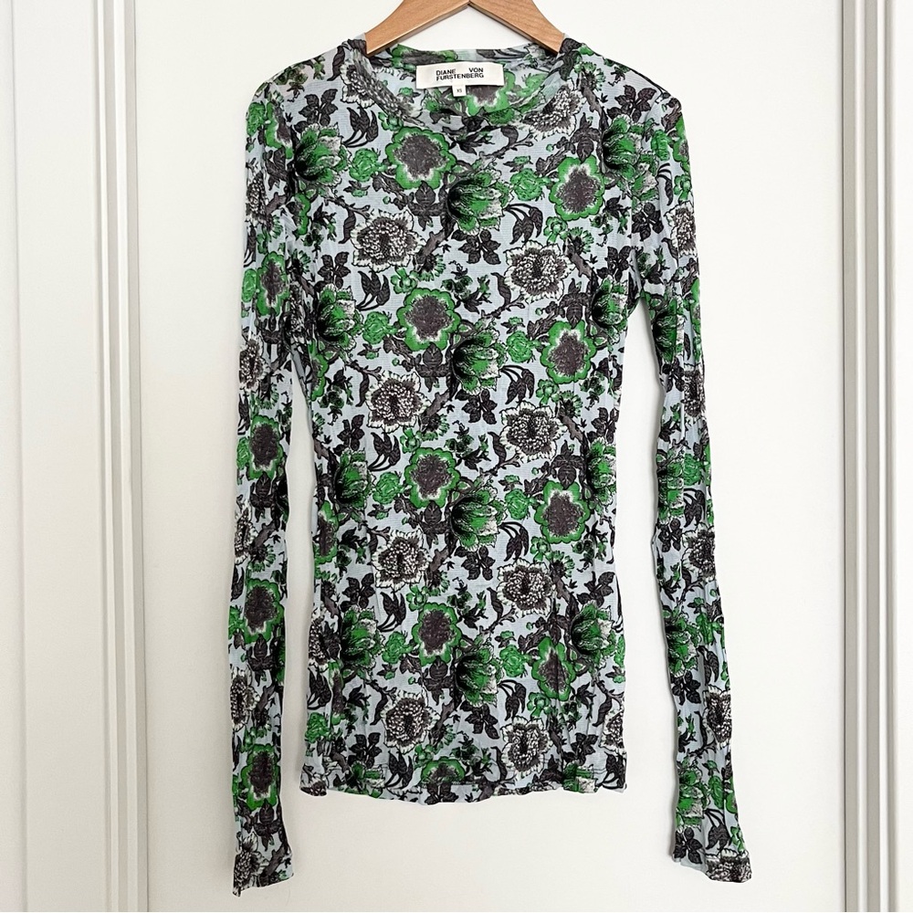 Diane von Furstenberg Logan Semi Sheer Mesh Top XS Blue Green Floral Artsy Sexy